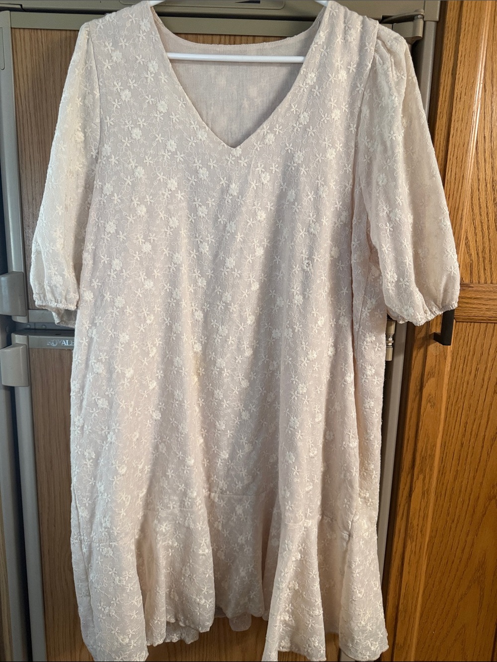 Cream V-Neck Embroidered Tunic Dress
